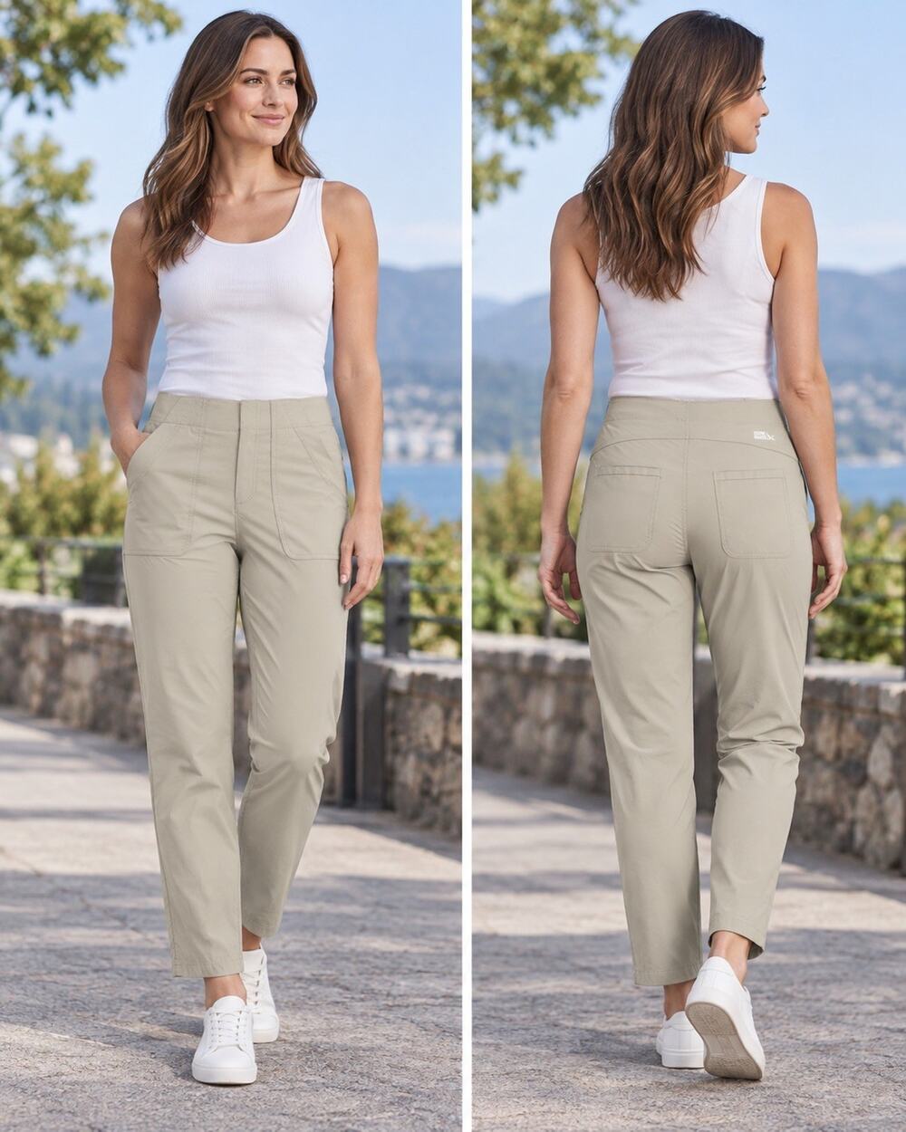 Eddie Bauer Womens 4 Horizon Straight Ankle Pants Tan Stretch UPF 50 Travel
